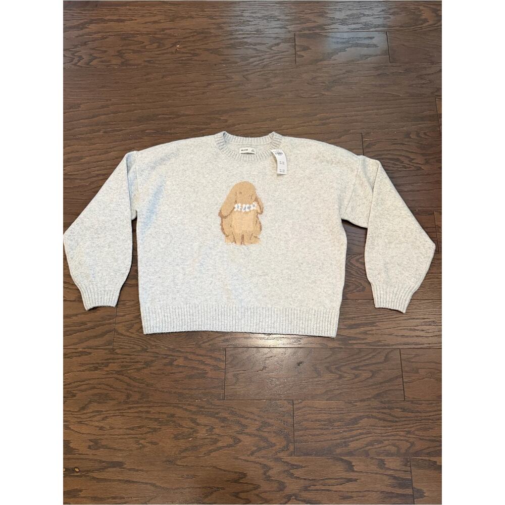 Hollister Bunny Graphic Sweater Light Gray Soft Knit Pullover Size Medium NWT - Picture 2 of 8